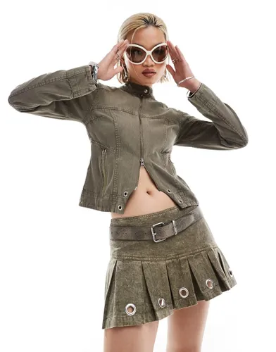 COLLUSION co-ord iconic pleated mini skirt with eyelets in oil wash-Brown
