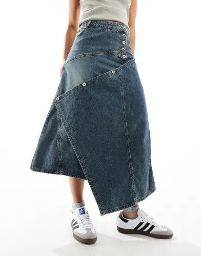 COLLUSION iconic reworked asymmetric denim maxi skirt in dirty wash-Blue