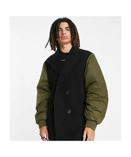 Collusion Mens hybrid pea coat with bomber details in black and khaki-Multi - Multicolour