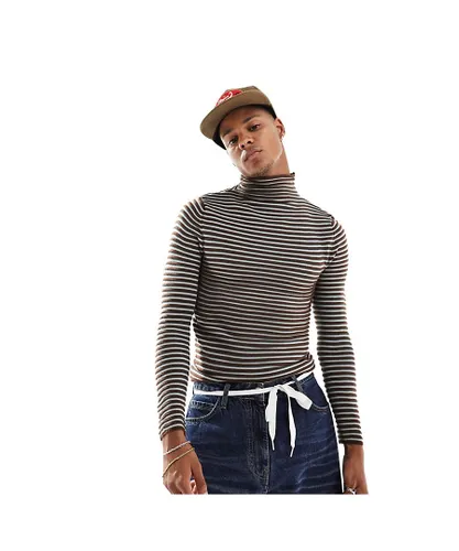 Collusion Mens knitted stripe roll neck fine knit jumper - Brown