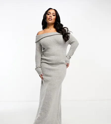 COLLUSION Plus knitted bardot maxi dress in light grey