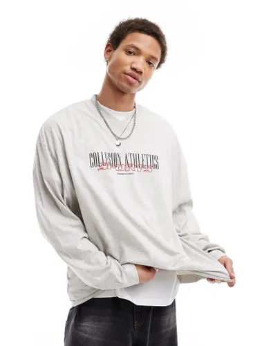 COLLUSION v neck sweat with athletics varsity print in light grey
