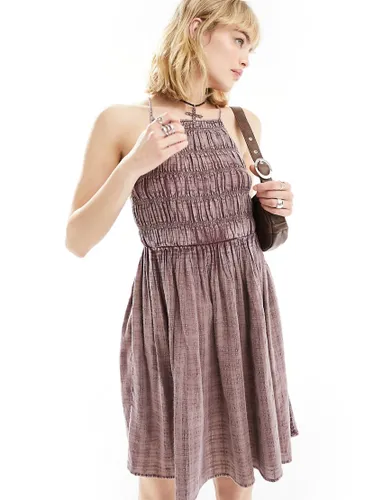 COLLUSION western shirred halter mini sun dress in washed pink