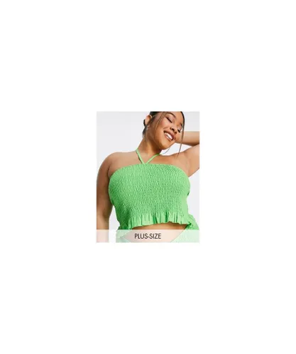 Collusion Womens PLUS shirred halterneck top in green Cotton
