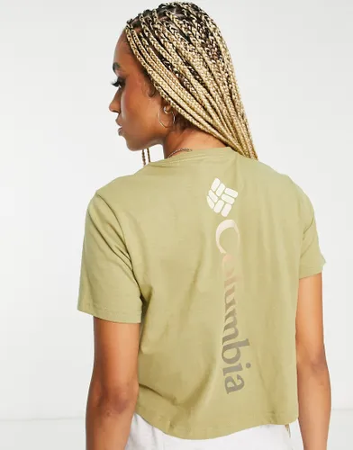 Columbia Unionville back print cropped t-shirt in khaki Exclusive at ASOS-Green