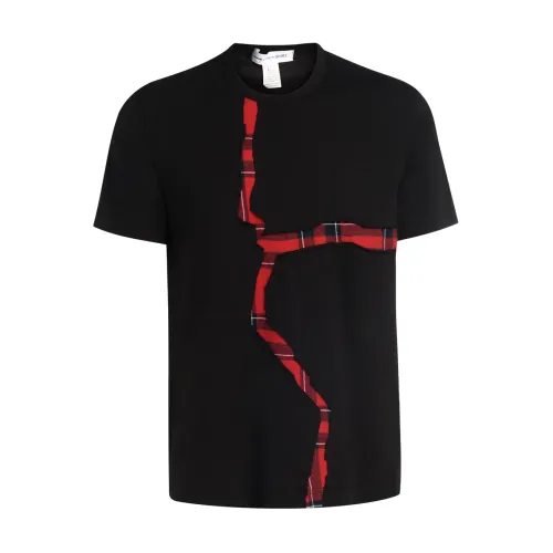 Comme des Garçons , Black T-shirt with Open Cut Tartan Detail ,Black male, Sizes: