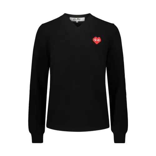 Comme des Garçons , Red Pixelated Heart V-Neck Sweater ,Black female, Sizes:
