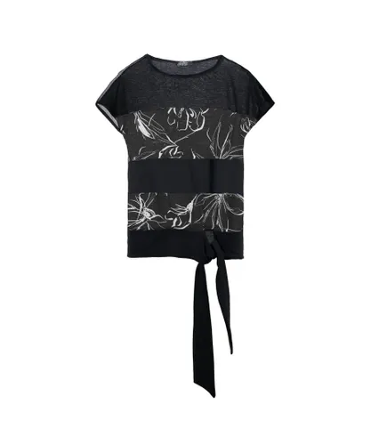 Conquista Womens Black Floral Print Top with Ties Cotton
