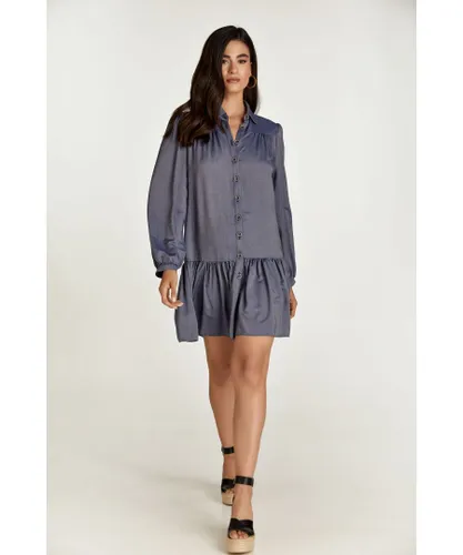 Conquista Womens Blue Denim Style Dress with Buttons - Indigo Blue
