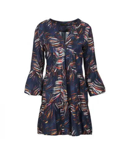 Conquista Womens Leaf Print A Line Dress with Bell Sleeves - Navy