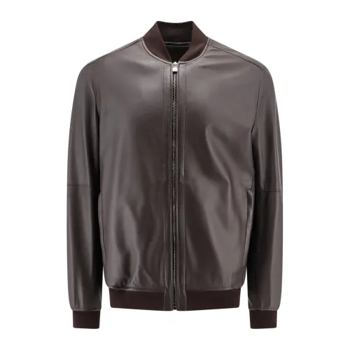 Corneliani , Brown Leather Zip Jacket ,Brown male, Sizes: