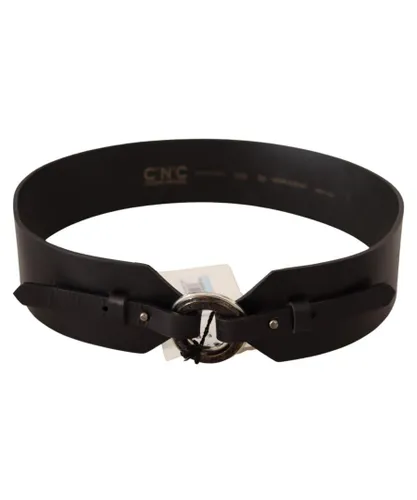 Costume National WoMens Black Leather Silver Round Buckle Belt