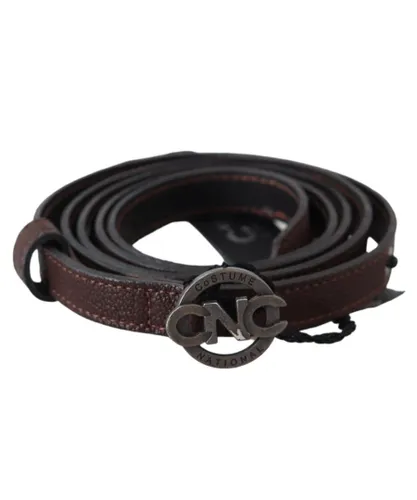 Costume National WoMens Brown Skinny Leather Round Logo Buckle Belt