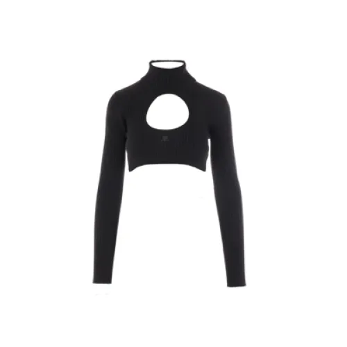 Courrèges , Black Cropped Turtleneck with Logo Embroidery ,Black female, Sizes: