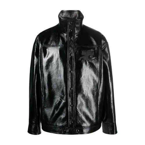 Courrèges , Black Leather Jacket with Button Closure ,Black male, Sizes: