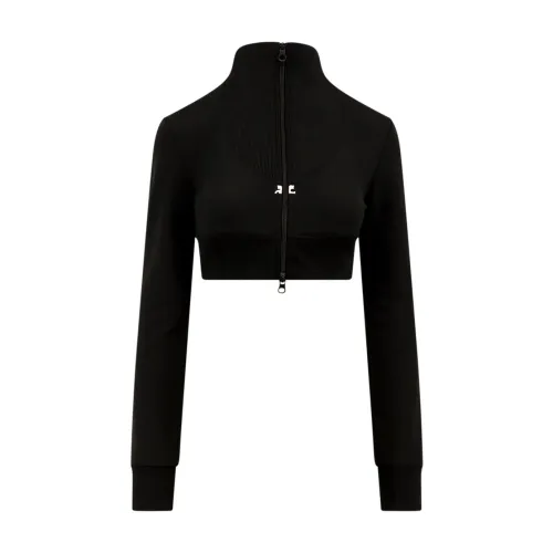 Courrèges , Black Sweatshirt with Zipper and Logo Patch ,Black female, Sizes: