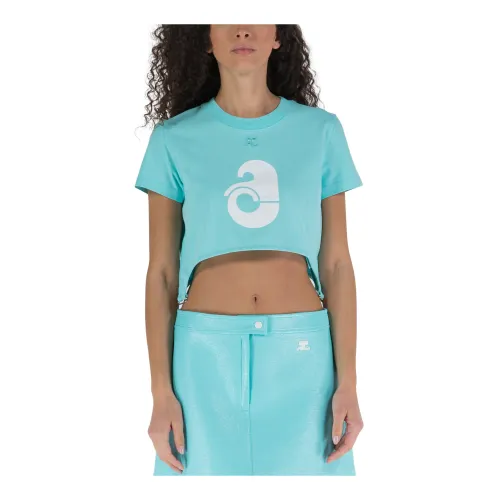 Courrèges , S Print Crop Cotton T-Shirt ,Blue female, Sizes: