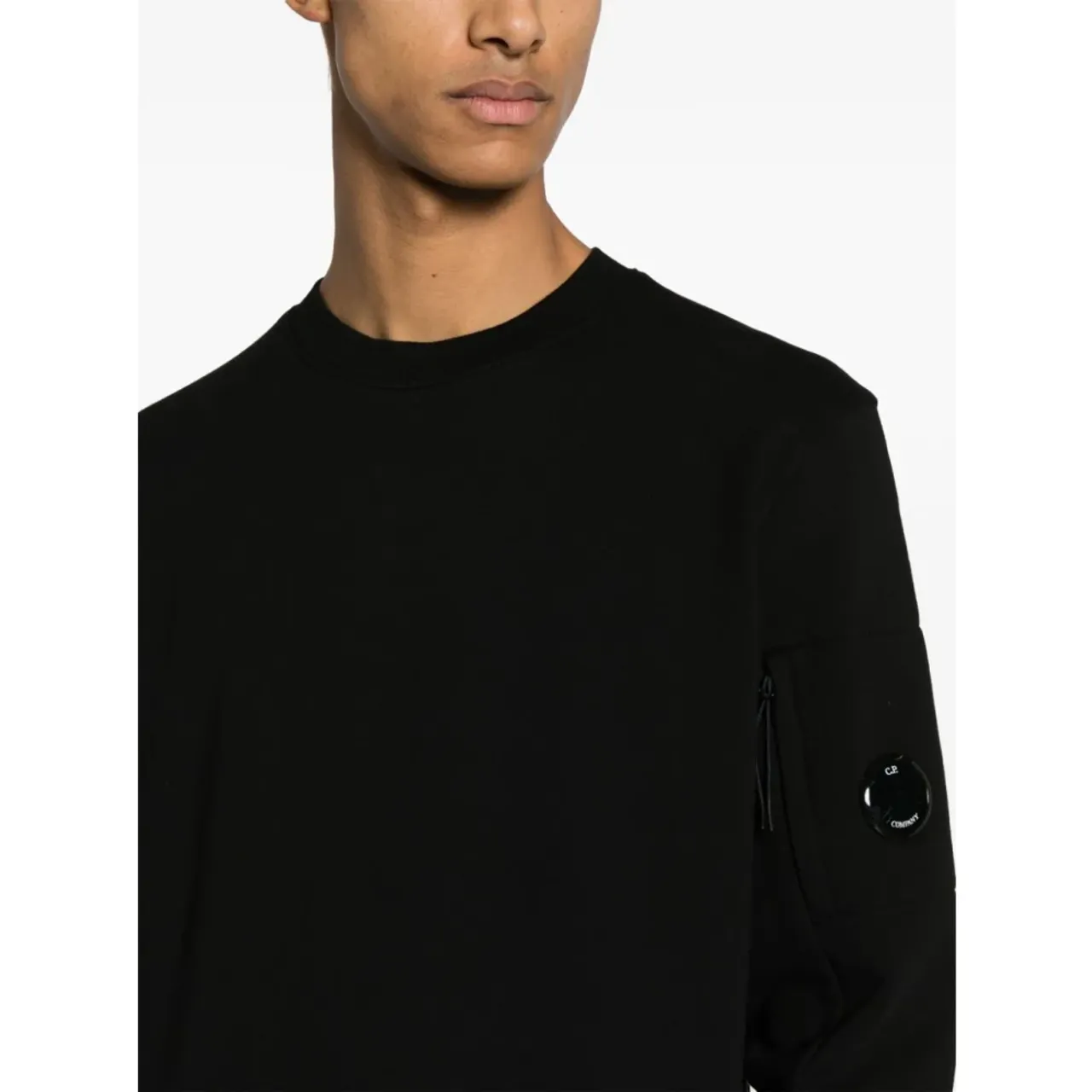 C.p. Company , Black Fleece Cotton Sweatshirt with Ribbed Crew Neck ,Black male, Sizes: