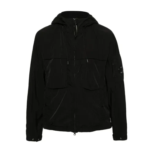 C.p. Company , Black Jacket with Adjustable Hood and Lens Detail ,Black male, Sizes: