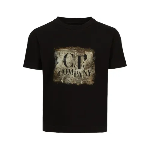 C.p. Company , Contrasting Logo Print Short Sleeve T-Shirt ,Black male, Sizes: