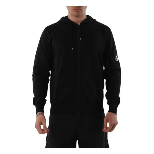 C.p. Company , Cotton Hoodie with Zipper and Goggle Detail ,Black male, Sizes: