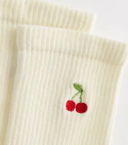 Cream Cherry Embroidered Ribbed Cotton-Blend Socks New Look