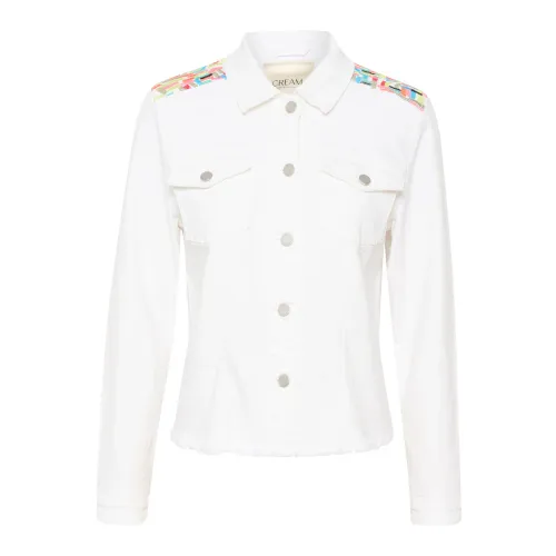 Cream , Colorful Panel Denim Jacket ,White female, Sizes: