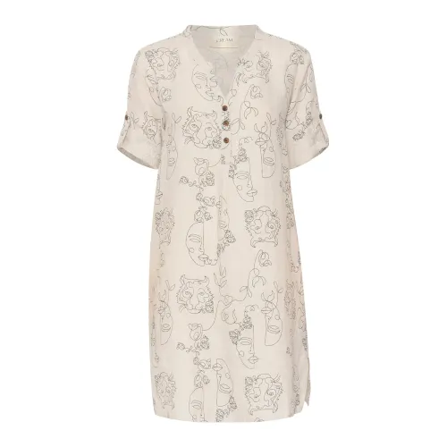 Cream , Face Print Caftan Short Dress ,Beige female, Sizes: