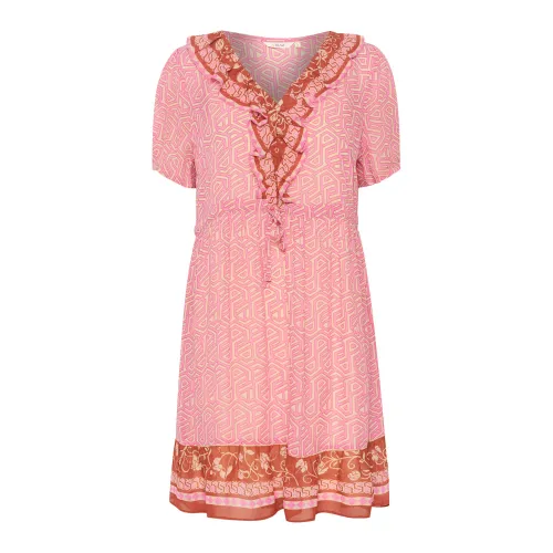 Cream , Geometric Print Dress with Flounce Details ,Multicolor female, Sizes:
