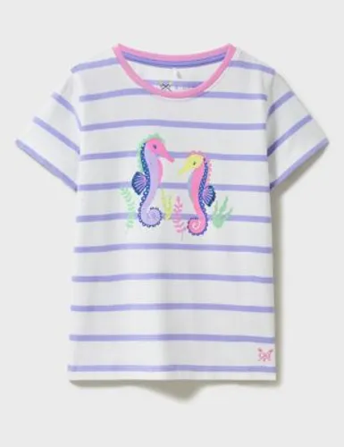 Crew Clothing Girls Pure Cotton Seahorse Sequin T-Shirt (3-12 Yrs) - 6-7 Y - White Mix, White Mix