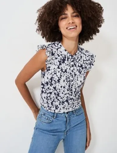 Crew Clothing Womens Cotton Rich Floral Pleat Detail Blouse and Linen - 14 - Navy Mix, Navy Mix