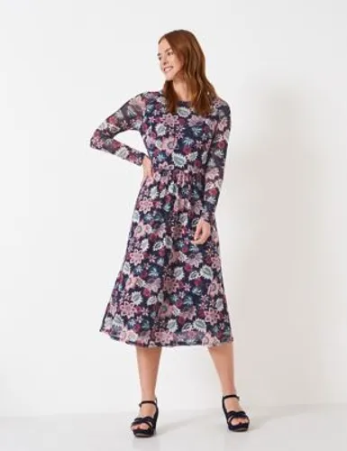 Crew Clothing Womens Jersey Floral Round Neck Midi Waisted Dress - 14 - Navy Mix, Navy Mix