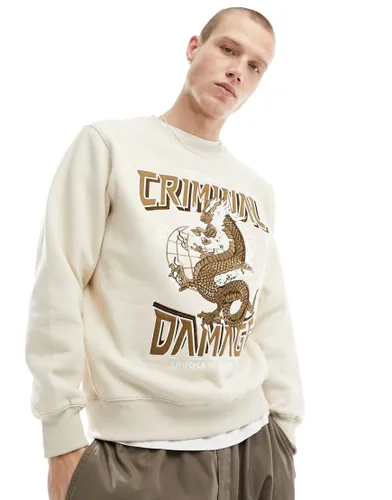 Criminal Damage sweatshirt with large dragon embriodery in off white