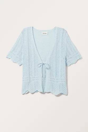 Cropped Knitted V-neck Tie Cardigan - Blue