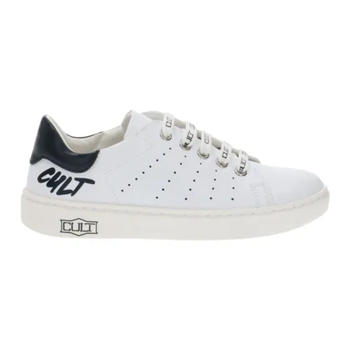 Cult , White Leather Kids Shoes with Blue Contrast Back Strap and Logo ,White male, Sizes:
