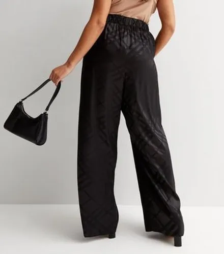 Curves Black Check Satin Jacquard Wide Leg Trousers New Look