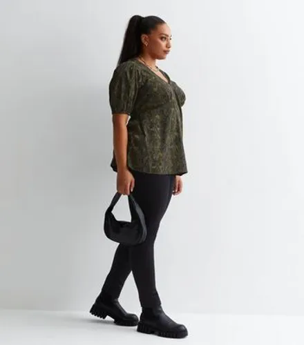 Curves Black Snake Print V Neck Puff Sleeve Top New Look