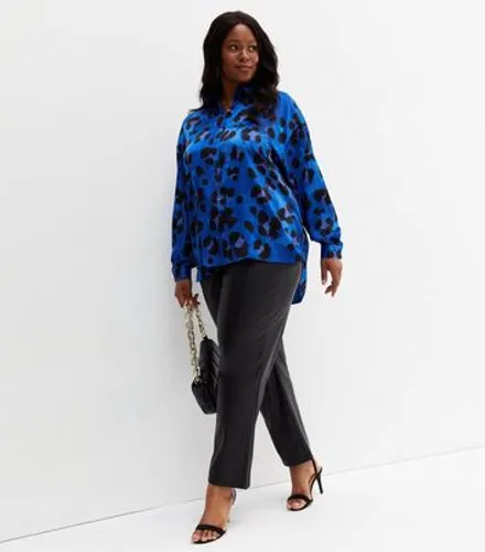 Curves Blue Leopard Print Satin Oversized Shirt New Look