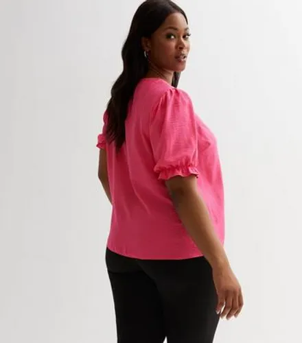 Curves Bright Pink Short Frill Sleeve Blouse New Look