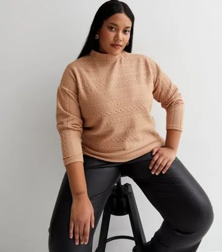 Curves Camel Cable Knit High Neck Boxy Jumper New Look
