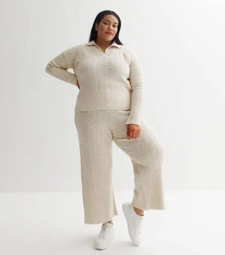 Curves Cream Cable Knit Wide Leg Trousers New Look