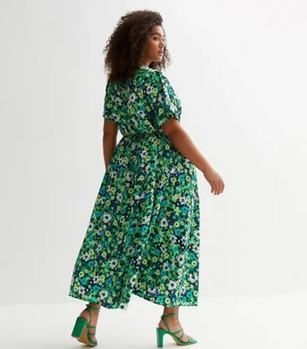 Curves Green Floral Button Front Midi Dress New Look