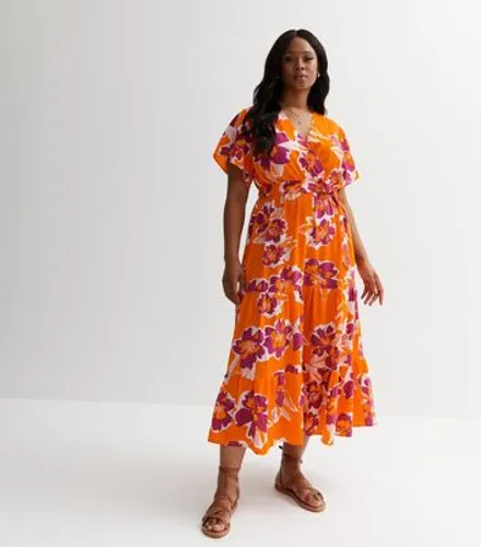 Curves Orange Floral Wrap Midi Dress New Look