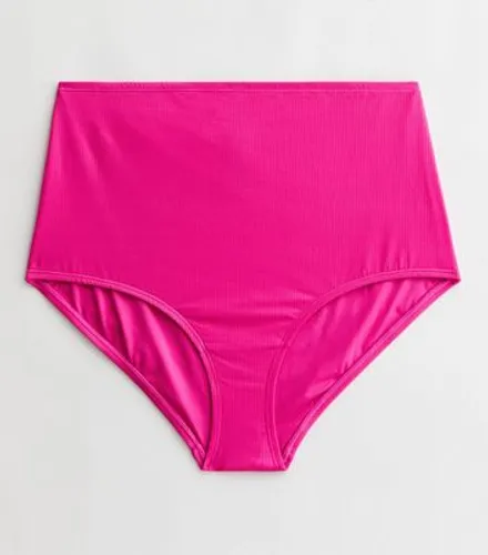 Curves Pink Ribbed High Waist Bikini Bottoms New Look