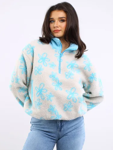 Daisy Street Blue / Cream Floral Fleece Zip Sweater