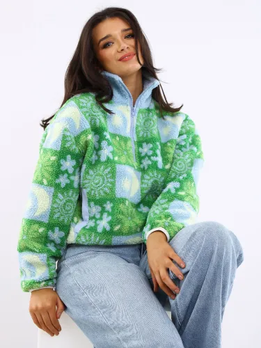 Daisy Street Blue / Green Check Fleece Zip Sweater