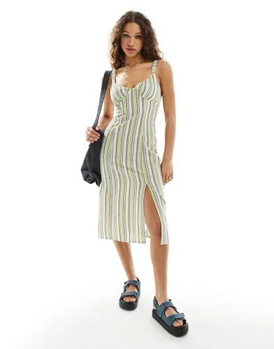 Daisy Street elasticated strap ruched bust midi dress in green stripe