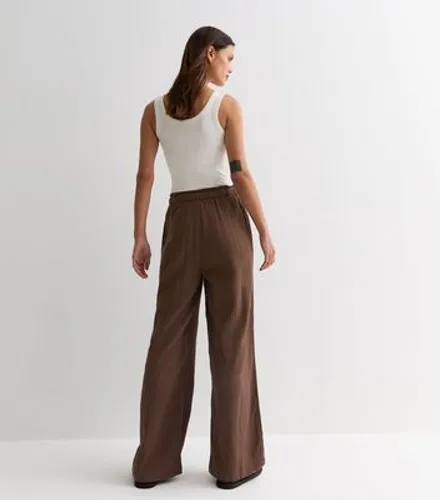 Dark Brown Cotton Double Cloth Wide Leg Trousers New Look
