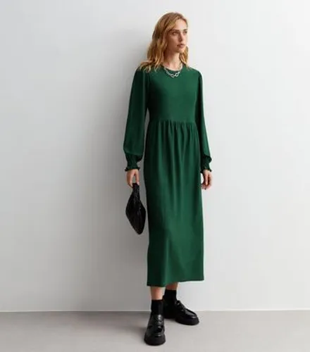 Dark Green Crinkle Jersey Long Sleeve Midaxi Smock Dress New Look
