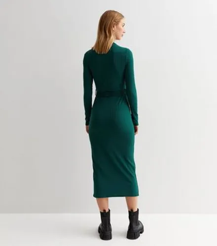 Dark Green Ribbed Jersey Belted Bodycon Midi Dress New Look